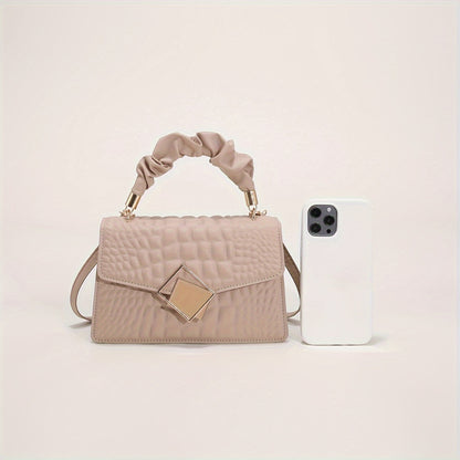 Trendy Crocodile Pattern Shoulder Bag, Top Ruched Handle Square Wallet for Women, Solid Color Textured Bag