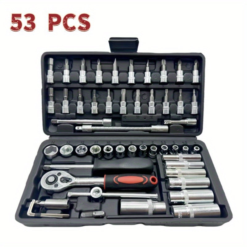 53pcs -in- Heavy-Duty Multi-Tool Kit Suitable for Car & Motorcycle Repair - Chrome-Vanadium Manual Tool Set with 53 Tools (Wrenches, Sockets,) in Black Case for Mechanics, DIY, Auto Maintenance