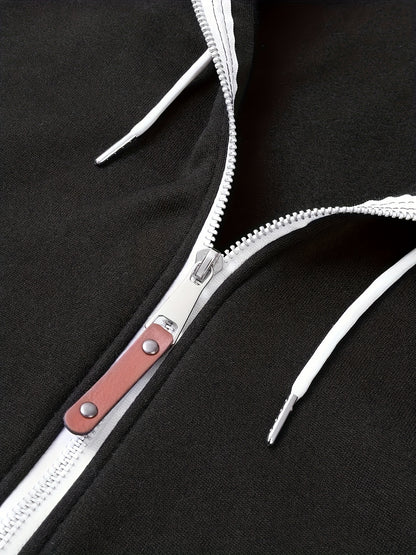 Men'S Stylish Color Block Hoodie - Casual Zip-Up Hooded Sweatshirt with Front Pockets, Long Sleeves, and Ribbed Cuffs - Maroon & Black Design, Comfortable for Fall and Winter Wear