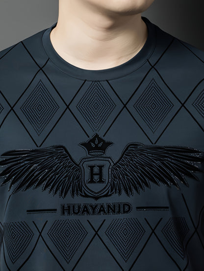 SINBOS Men's 2025 Summer Short Sleeve T-Shirt - Black Casual Graphic Print Tee with Wing  HUYAND Logo Design, Breathable Stretch Fabric, Round Neck Regular Fit for Casual Attire, Nontransparent Material, Relaxed Fit, Trendy