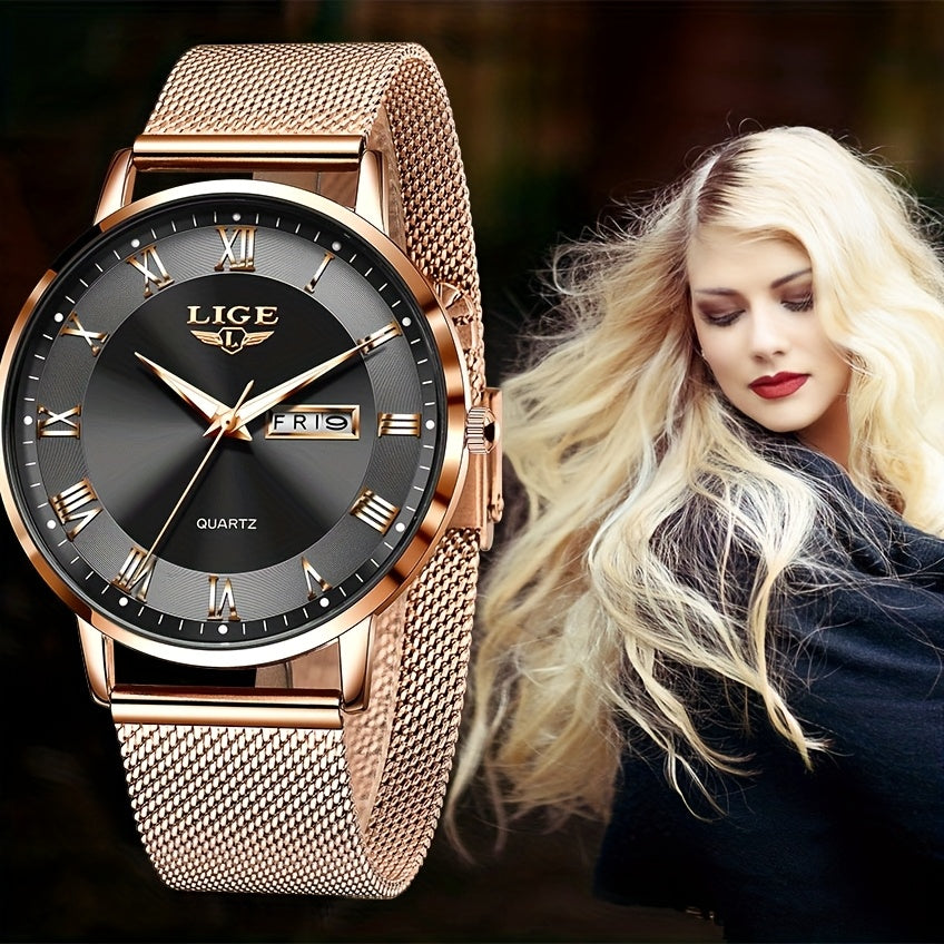 LIGE Women's Elegant Stainless Steel Quartz Watch with Date