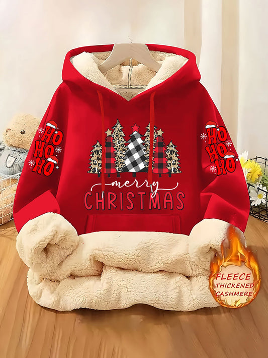 Christmas & Plaid Leopard Print Christmas Tree Pattern Printed Ladies Lined Hoodie, Thick and Warm Polyester Fabric Jacket, Suitable for Casual Composite Warm Clothing for Autumn and Winter Season