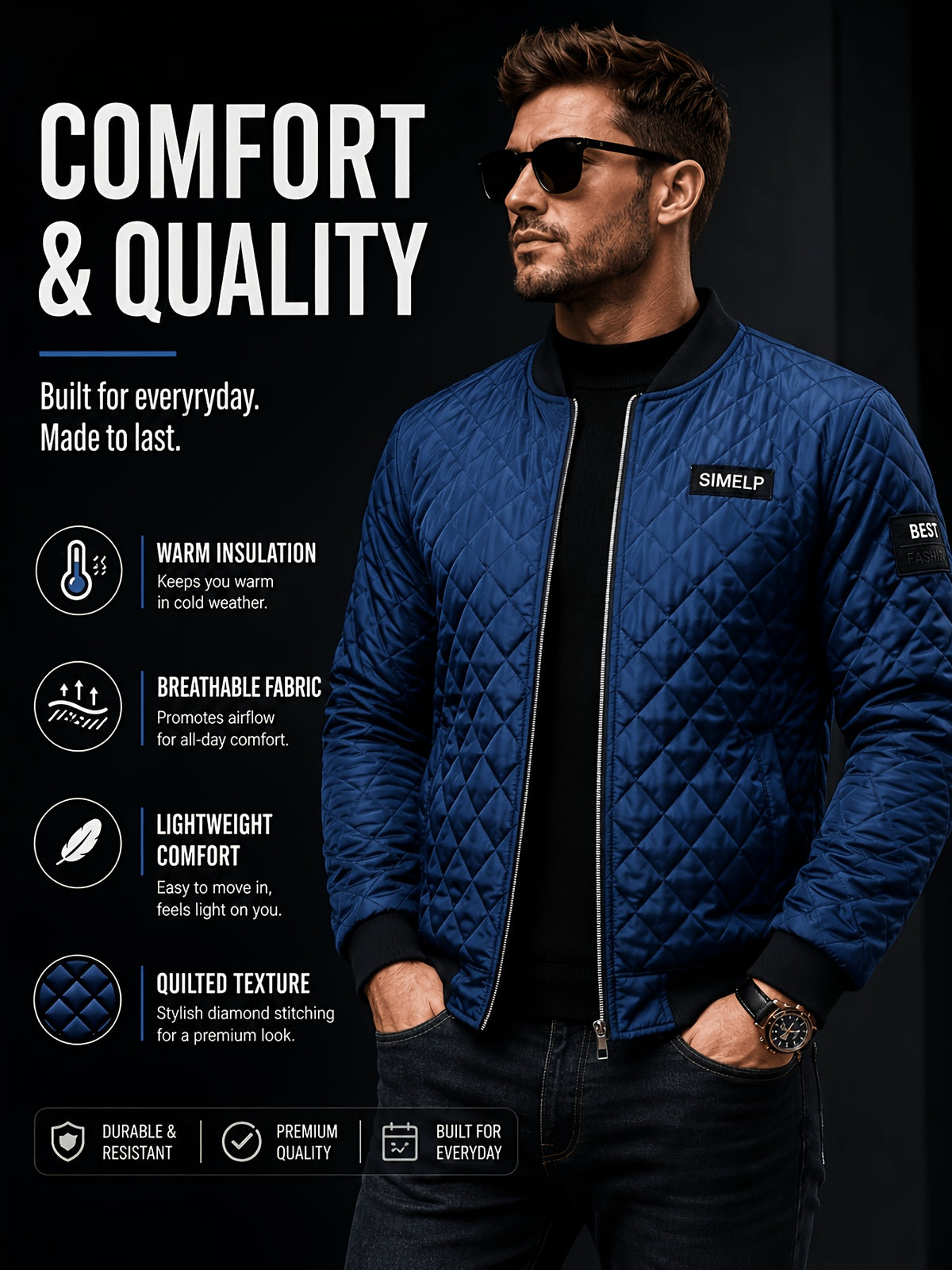 Men's Quilted Bomber Jacket with Ribbed Collar for Fall/Winter