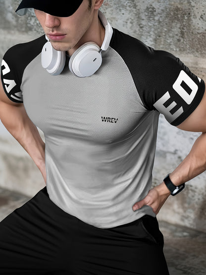 Men's Quick-Dry Breathable Mesh Sports T-Shirt - Summer Gym Workout Top with Contrast Black  White Sleeves  for Man Letter Print, Slim Fit for Running Training Casual Wear, Breathable Running Gear   Sporty Casual Tee   Mesh