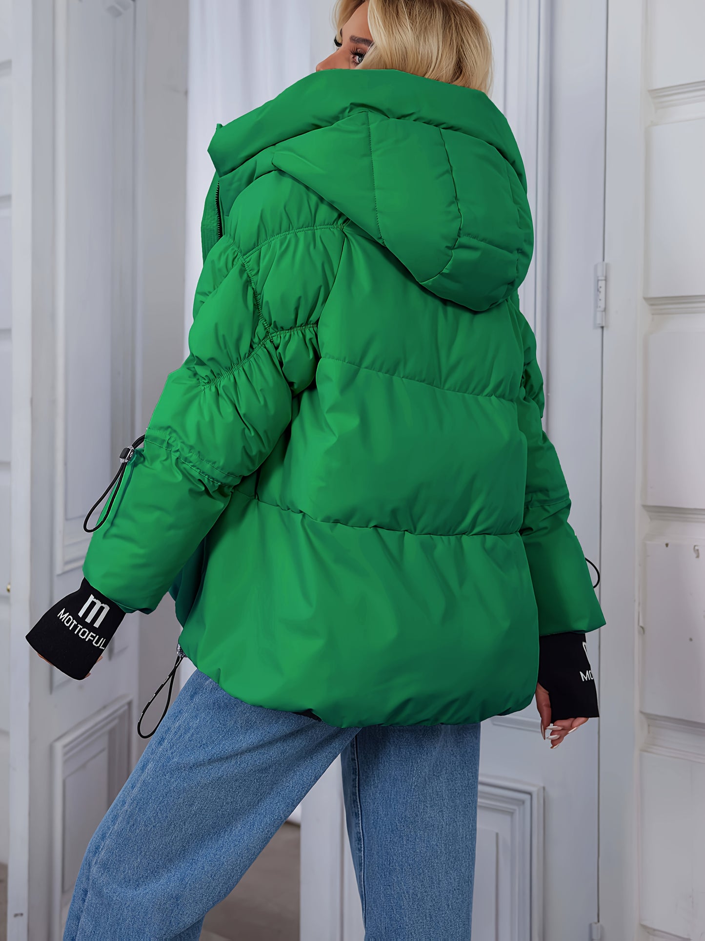 Women's Stylish Beige Puffer Jacket - Casual Warm Winter Coat with Black Trim, Long Sleeves & Zippered Hood, Polyester Fabric for Outdoor Comfort