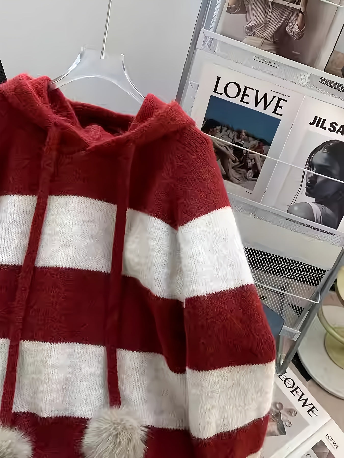 Women's Burgundy & Striped Hooded Sweater - Winter Warm Korean-Style Oversized Sweater Vest-like Pullover with Hood, Soft Sweater Jacket for Fall/Winter Layering (Machine Washable) - Elegant Casual Outerwear