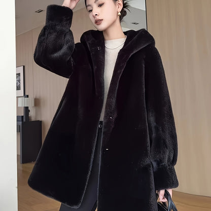 Women's Oversized Faux Fur Coat with Plush Collar & Full-Length Fur Trim - Winter Warm A-Line Mid-Length Jacket, Machine Washable Large Size Winter Coat for Women, Elegant Outerwear for Casual & Formal Events (Solid Black, Br