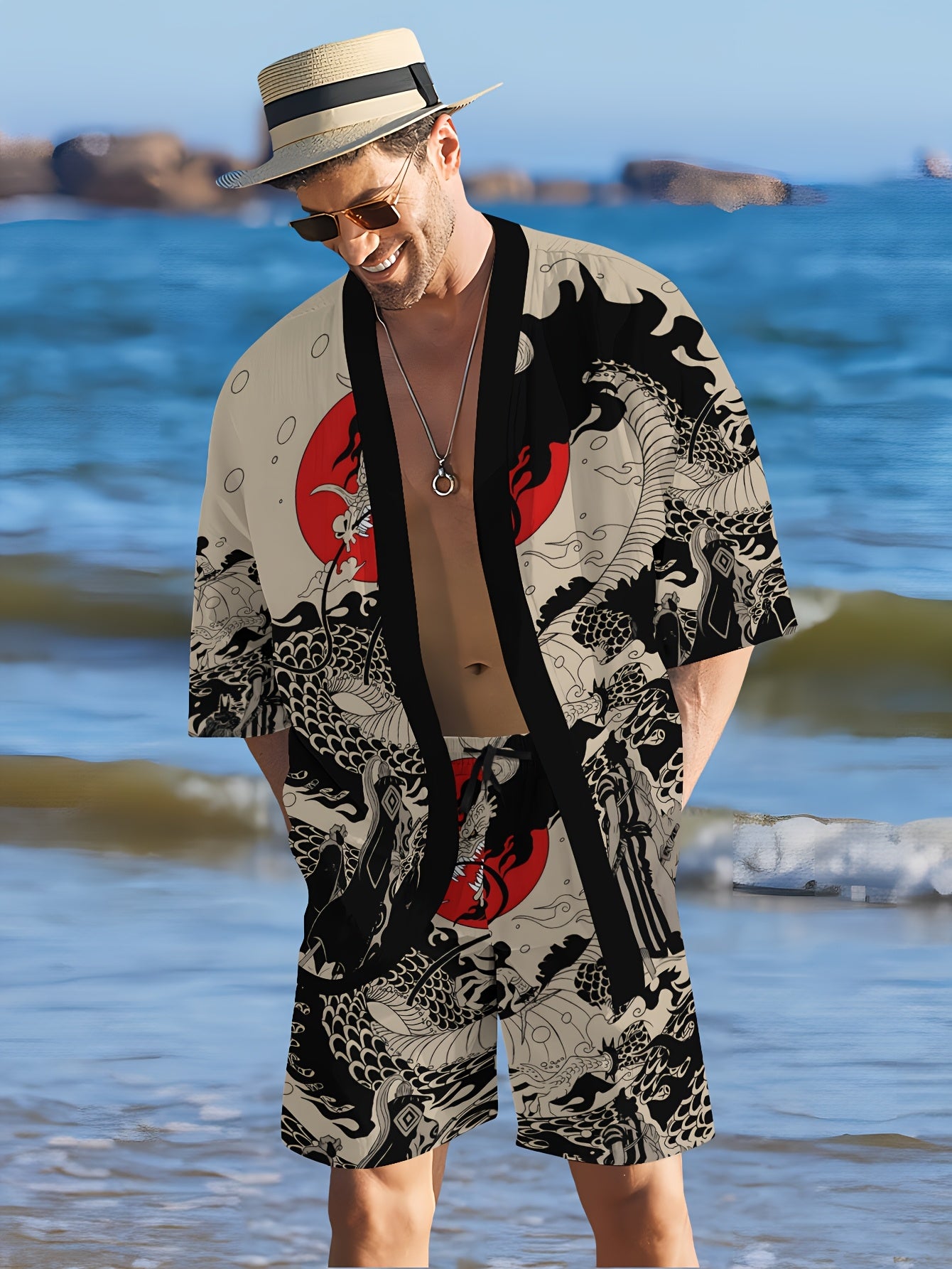 Men's Japanese Style Print Kimono Shorts Home Wear Casual Vacation Set