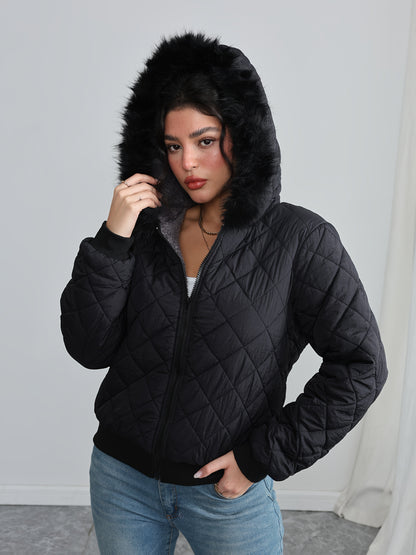 Women'S Cozy Fleece-Lined Hooded Jacket - Casual Long Sleeve, Solid Color, Regular Fit, Long Sleeve, Zip-Up, Casual Style, Casual Outerwear, Winter Jacket