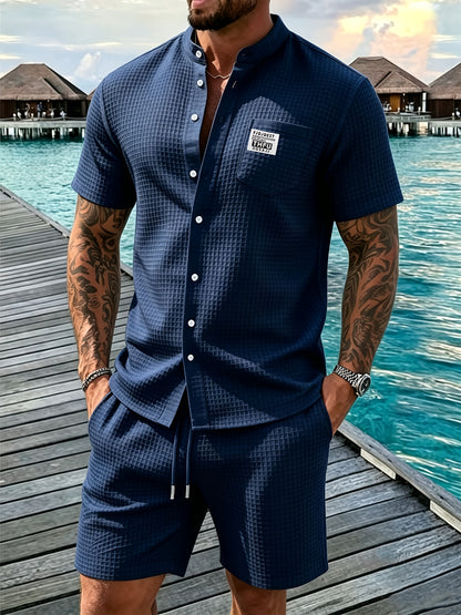 Men's Summer Waffle Knit Shirt & Shorts Set - Casual Sporty Style