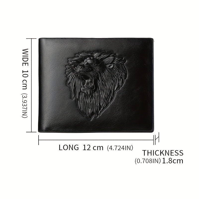1pc Men's Lion 3D Embossed Pattern Wallet, Business PU Leather Wallet