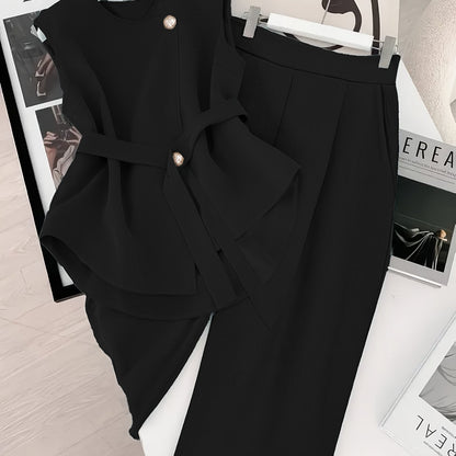 Women's Fashionable Set in Solid Color Top with Straight-Leg Pants, 2pcs Set for Elegant Style