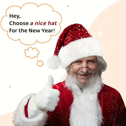 Christmas Sequin Santa Hat - Double Layer Shimmery Polyester Beanie Cap with Plush Trim, Inelastic, Handwash Only, Knitted Craftsmanship, No Feathers, Festive Holiday Headwear for Adults