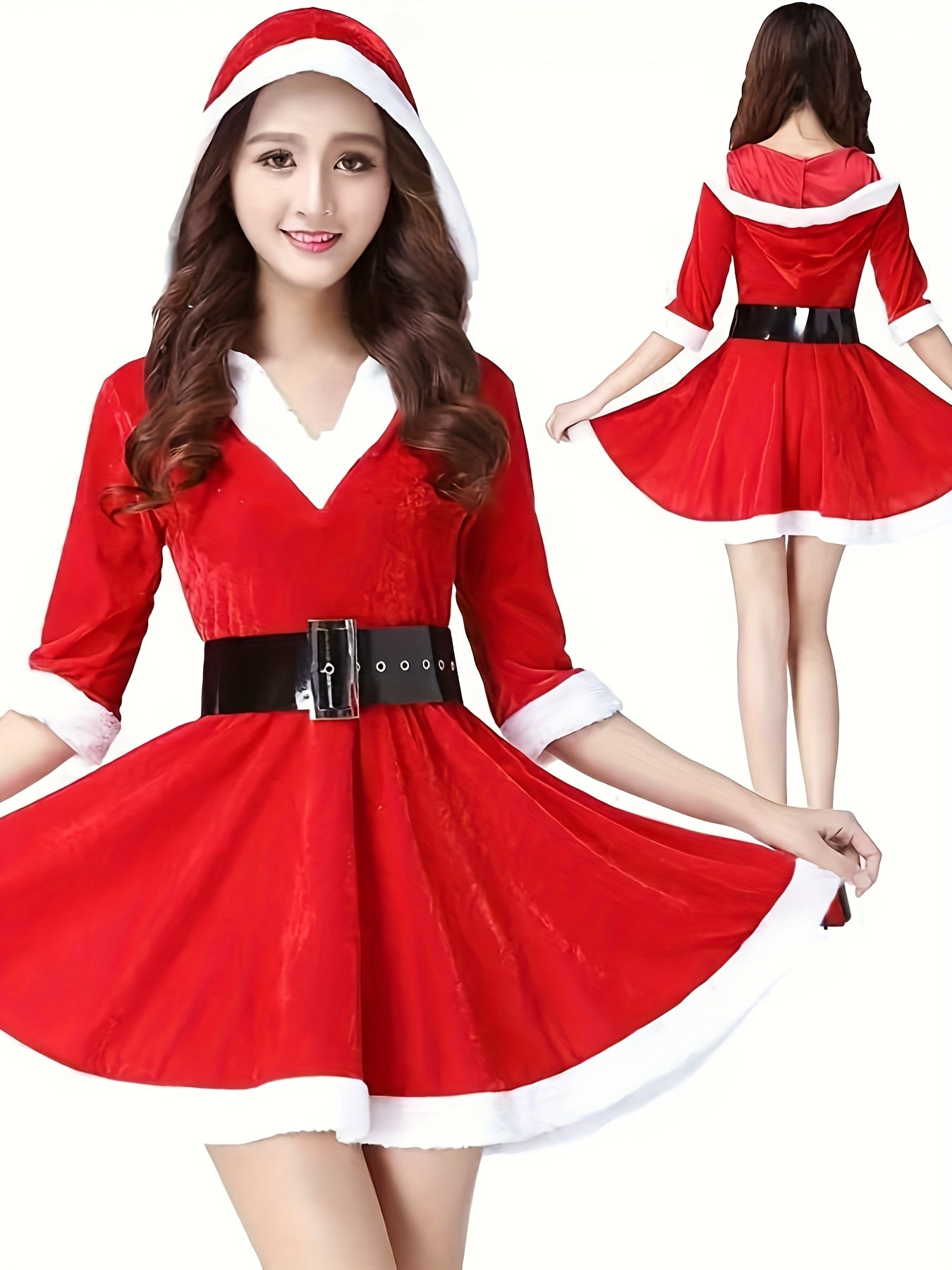 Women'S Elegant Red & Poinsettia Christmas Hooded V-Neck Party Dress with Belt - Sexy Temptation Outfit for Nightclub, Bar, Holiday Events - All-Season Formal &