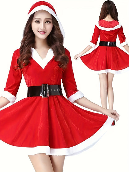 Women'S Elegant Red & Poinsettia Christmas Hooded V-Neck Party Dress with Belt - Sexy Temptation Outfit for Nightclub, Bar, Holiday Events - All-Season Formal &