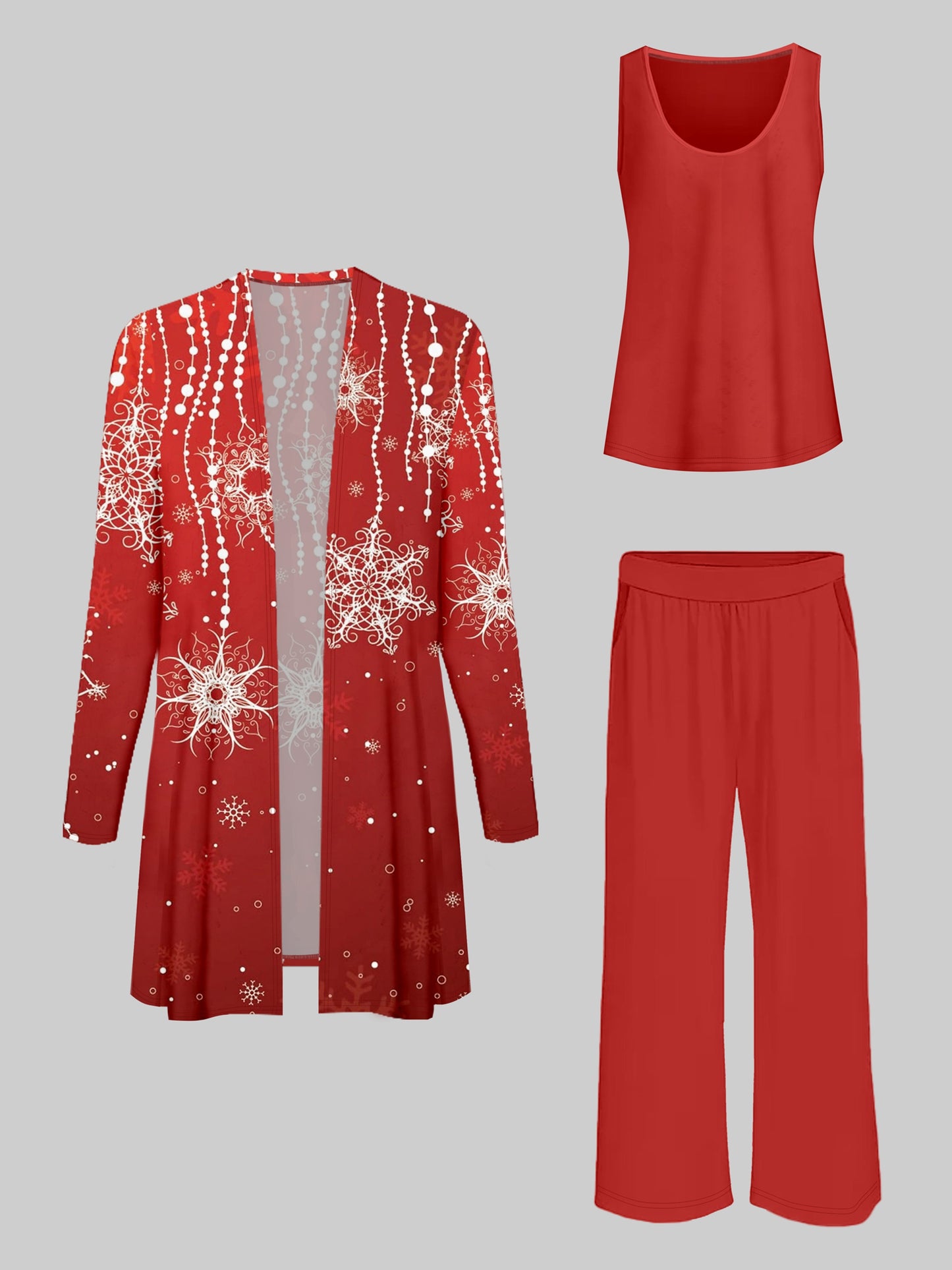 Red Base Pattern Print Top and Pants Three-Piece Set, Spring Summer Autumn Winter Versatile Fashion Full-Body Print Long Sleeve Jacket Solid Color Round Neck