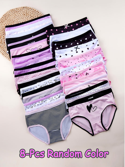 Girls' 8-Pack Cotton Blend Briefs with Cute Heart Prints