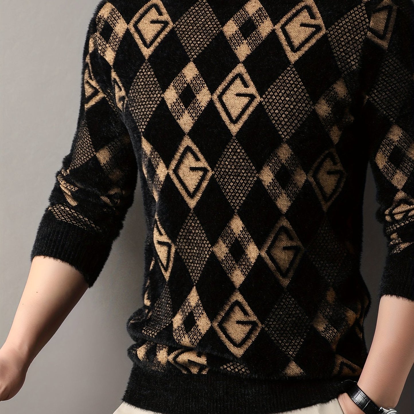 Maqiqi OBM Men's New Autumn/Winter Knit Pullover, Plaid Pattern Men's Sweater with Letter Decoration, Faux Mink Fur Round Neck Long Sleeve Men's Top, Soft and Comfortable Fabric, Suitable for Casual Outings, Men's Gift