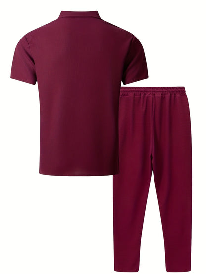 Men's Summer Two-Piece Set, Waffle Fabric Contrast Color with Pockets Short-Sleeved Shirt + Casual Trousers Suit, Leisure Light Business Vacation Daily Multiple Scenes