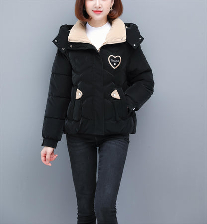 Women's Winter Hooded Jacket - Stylish Beige & White Zip-Up Coat with Heart Design, Warm Polyester Outerwear for Casual or Chic Looks, Winter Jacket