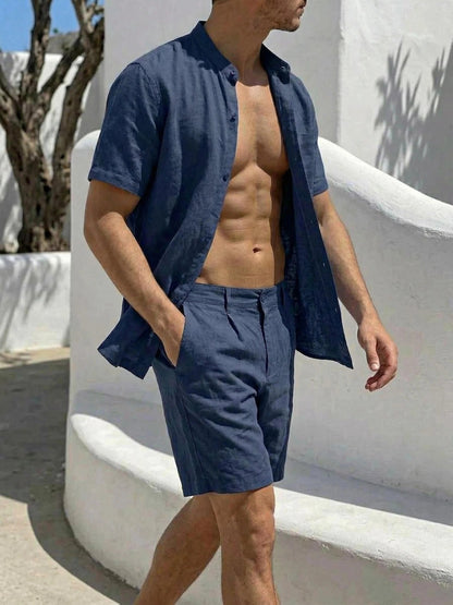 Men's Linen Short-Sleeve Shirt and Shorts Set for Summer Casual