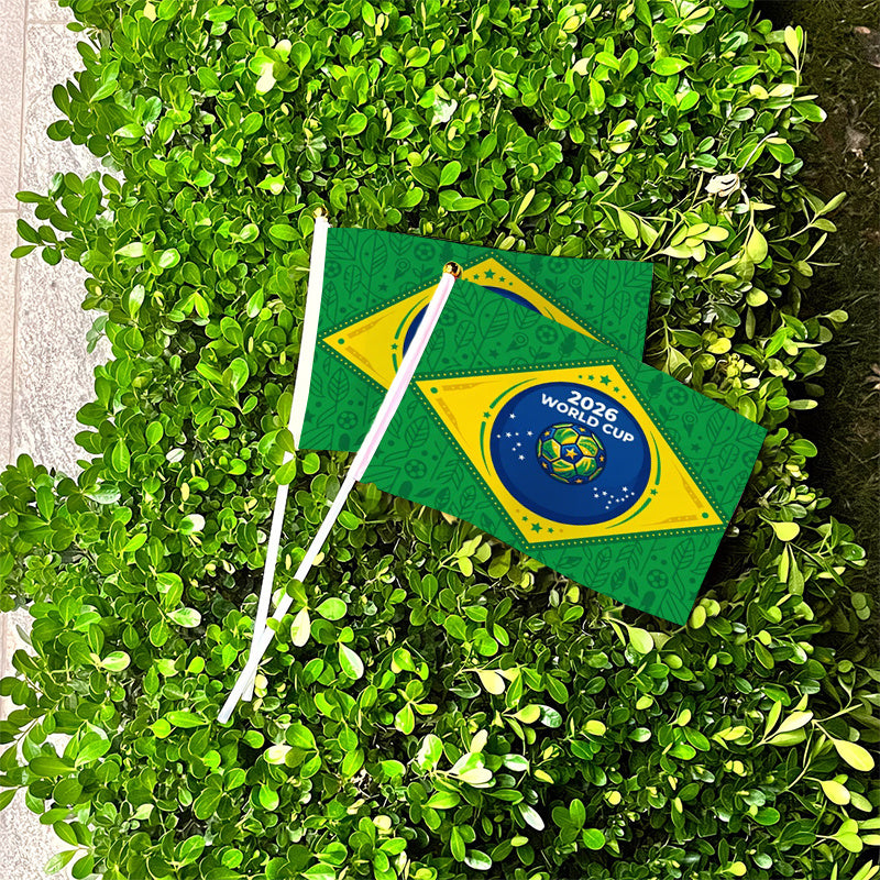 2026 World Cup Fan Banner with Brazilian Flag and Green Leaves