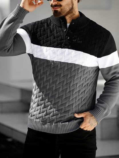 Men'S Stand Collar Pullover | Casual Fashion Quarter Button Stitching Knitwear with Geometric Pattern, Long Sleeve, Regular Fit for Fall/Winter - ayq