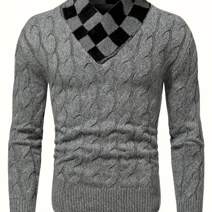 Maqiqiobm Slim Fit Men's Pullover Sweater - 1pc Autumn/Winter Thickened New Style, Comfortable Warm Solid Color Twist Knit Long Sleeve, Checkerboard Collar Design, Business Casual Daily Layering Knit Top, Suitable for Autumn