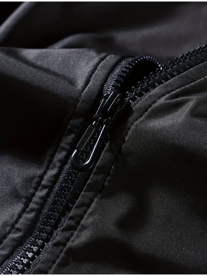 Men's Thermal Bomber Jacket - Heavyweight Winter Coat with Zippered Pocket, Casual Black Jacket, Polyester Outerwear for Men, Ideal for Aviation & Everyday Use, Casual Jacket For Men, Lightweight Jacket For Men, Winter Clothe