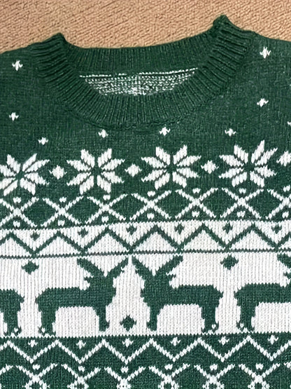 Women'S Christmas Reindeer Print Sweater Dress - Long Sleeve, Round Neck, Ribbed Texture, Green & Holiday Party Outfit, Perfect for Festive Gatherings