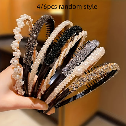 Boho Pearl & Rhinestone Headbands - Set of 4 or 6 for Women