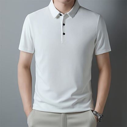 Men's Solid Short Sleeve And Lapel Collar Henley Shirt, Casual And Comfy Sports Tops For Summer Golf Wear And Outdoors Activities