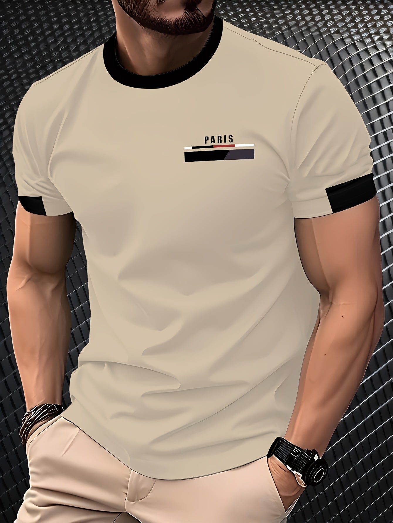 Men'S Paris Graphic T-Shirt - Green Polyester Crew Neck Tee with White Stripes  Print - Casual Sporty Knit Top for Casual Attire, Breathable Fabric