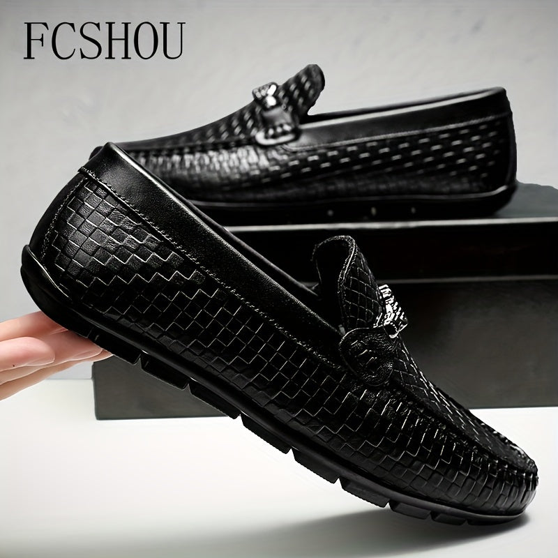 Men's Slip-On Leather Loafers with Rubber Sole - Casual Square Toe