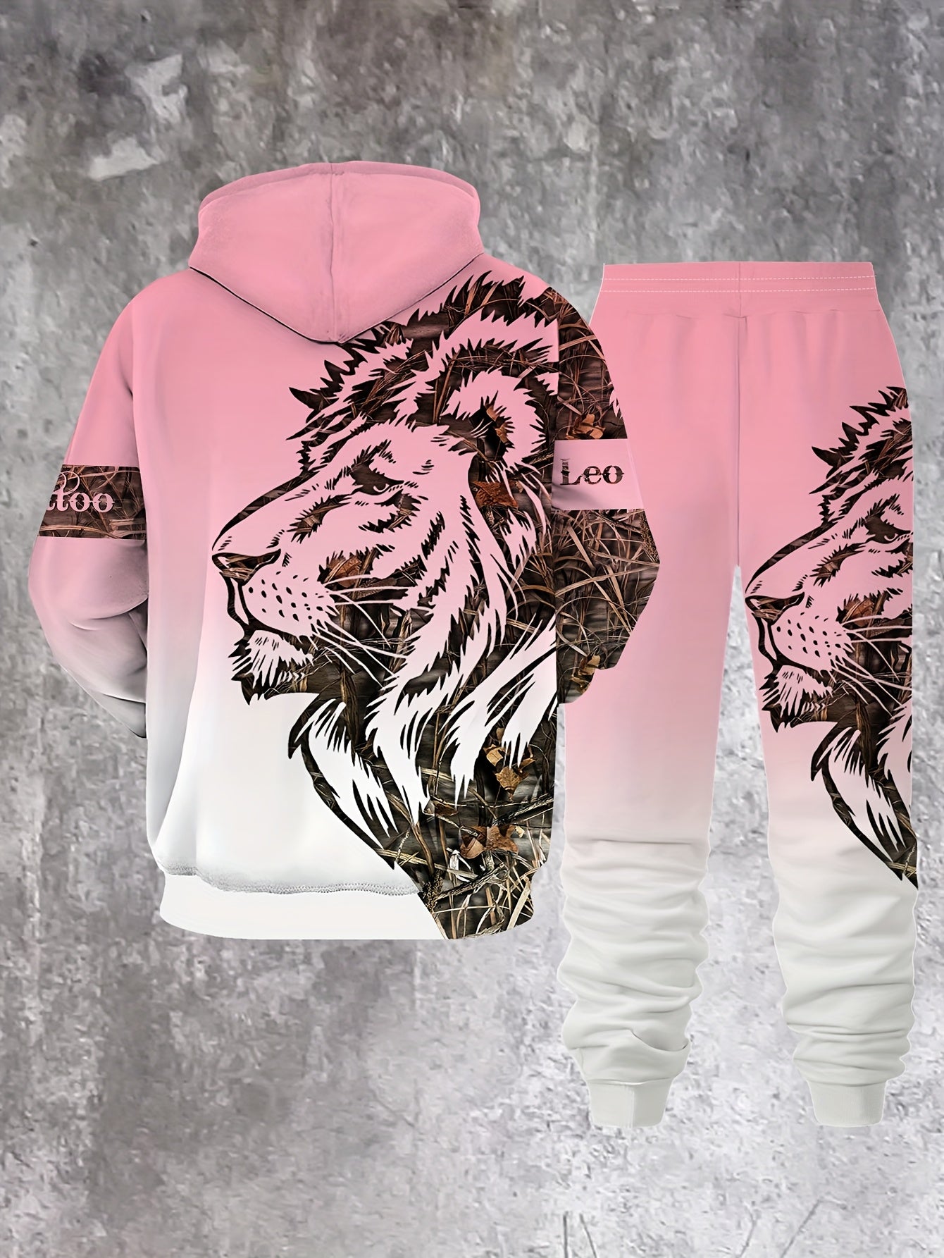1set Fashion Street Style Men'S Lion Letter Print Hoodie and Sweatpants Set, Casual Weekend Wear, Polyester Knit Fabric with Slight Stretch, Animal Pattern, Regular Fit, for Spring/Fall