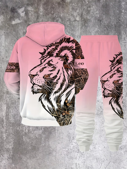 1set Fashion Street Style Men'S Lion Letter Print Hoodie and Sweatpants Set, Casual Weekend Wear, Polyester Knit Fabric with Slight Stretch, Animal Pattern, Regular Fit, for Spring/Fall