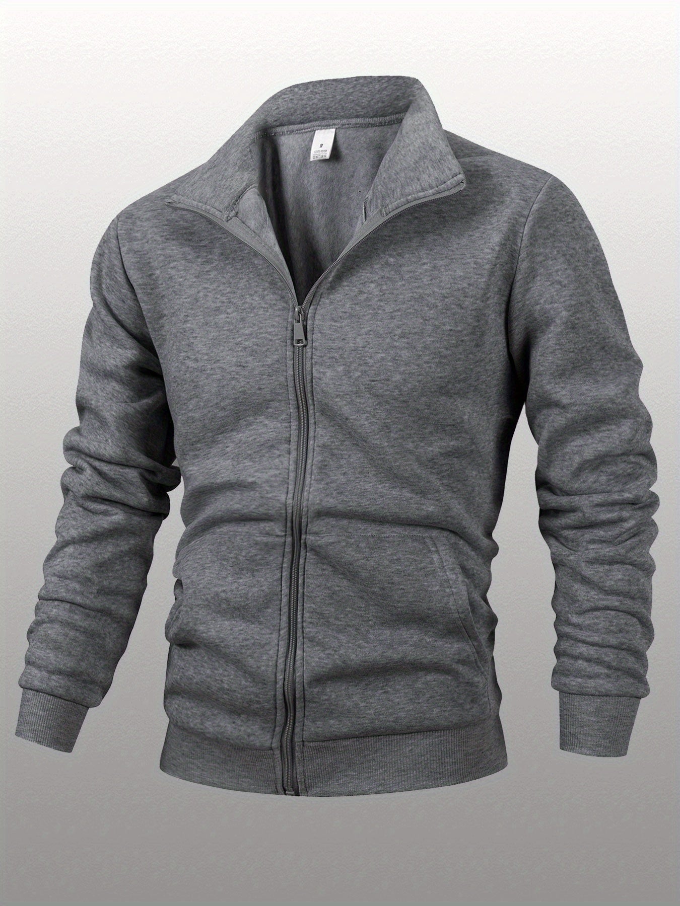 Men's Stand Collar Zip-Up Solid Color Fleece Jacket Long Sleeve Casual Sport Hoodless Coat with Large Side Pockets, Suitable for Daily Wear, Outdoor Activities, Hiking