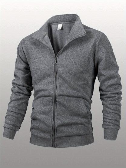 Men's Stand Collar Zip-Up Solid Color Fleece Jacket Long Sleeve Casual Sport Hoodless Coat with Large Side Pockets, Suitable for Daily Wear, Outdoor Activities, Hiking