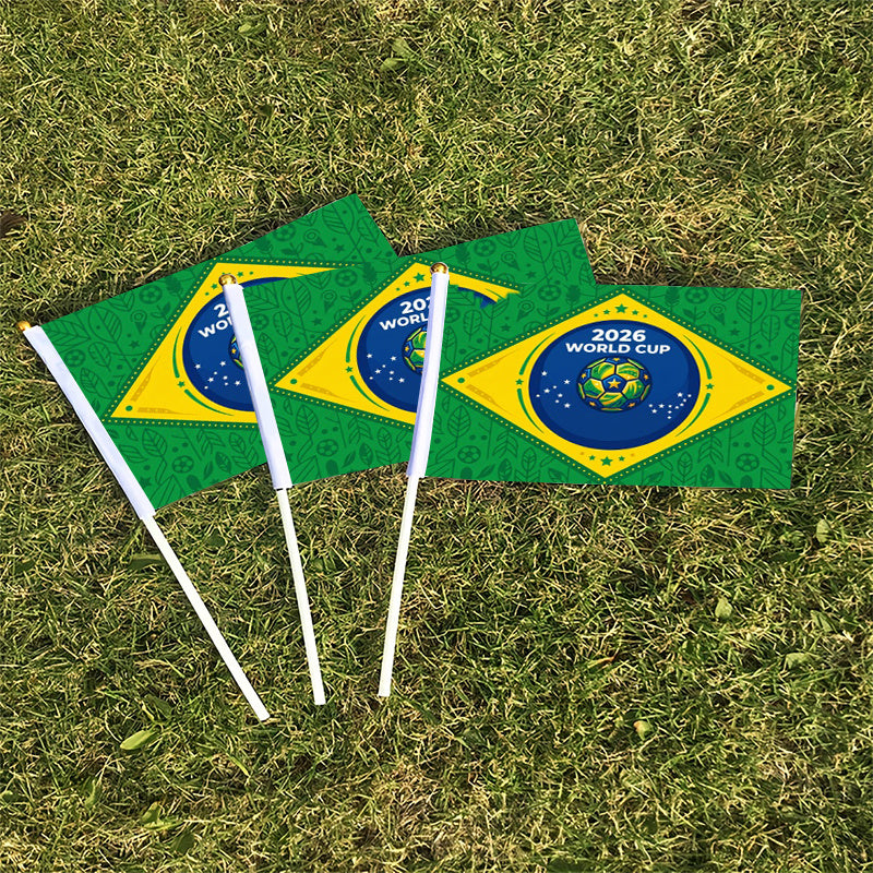 2026 World Cup Fan Banner with Brazilian Flag and Green Leaves