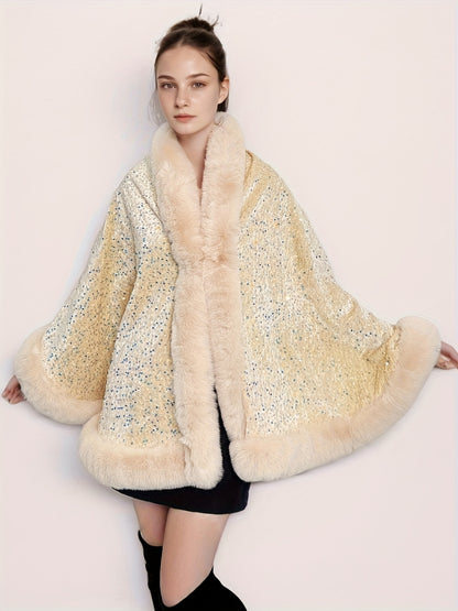 Plus Size, Women's Elegant Shawl Cloak Poncho - Luxury Brown Cape with Sparkling Glamour, Thick Winter Coat for Parties, Formal Events - Non-Stretch Fabric, Easy Care Elegant Wrap for Everyday Special Occasions, Party Wear, C