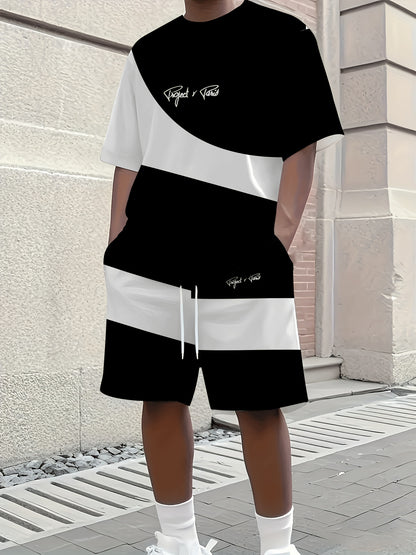 1 Set of 2pcs 3D Letter Print Fashion Tri-Color Men's Summer Fresh T-Shirt and Shorts Set, Slightly Stretchy Polyester Knit Fabric, Regular Fit, Suitable for Outdoor Activities and Family Gatherings
