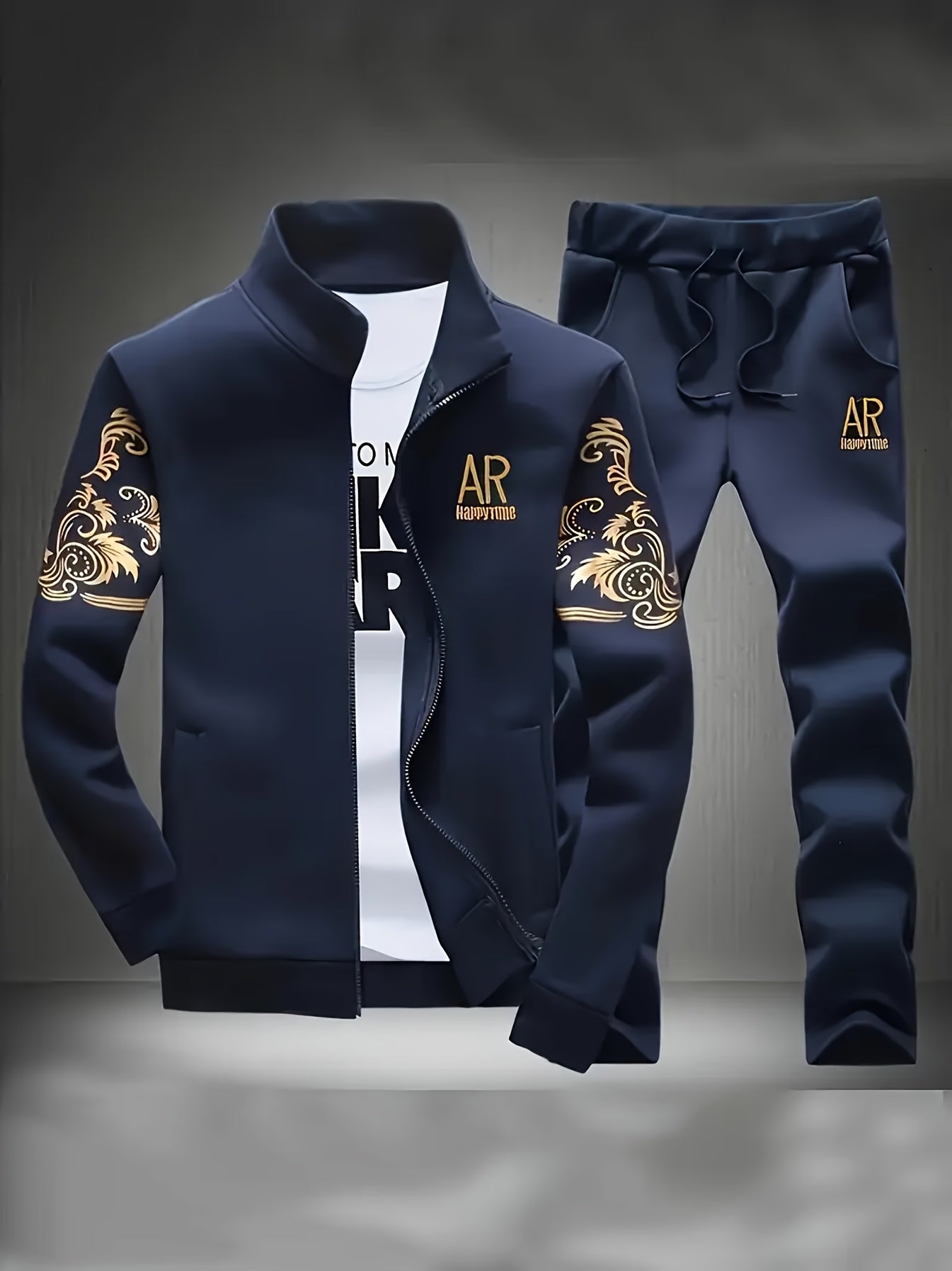 New Spring and Autumn Men's Sports Casual Suit, Trendy Fashion Stand-up Collar Long Sleeve Jacket Two-piece Set