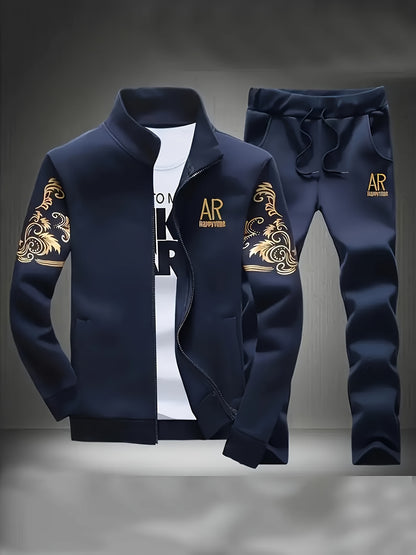 New Spring and Autumn Men's Sports Casual Suit, Trendy Fashion Stand-up Collar Long Sleeve Jacket Two-piece Set