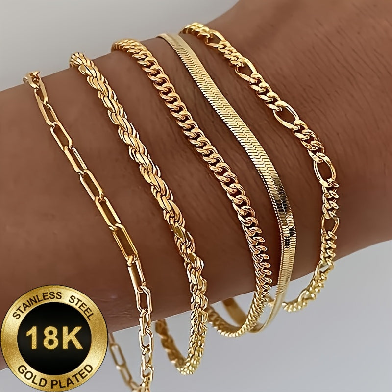 Elegant 5-Piece 18K Gold-Plated Stainless Steel Bracelet Set for Women