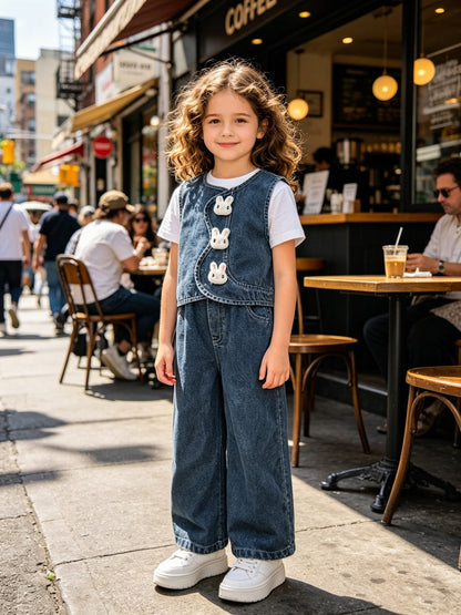 Girls Cute Sleeveless Denim Vest & Loose Straight Leg Jeans Set