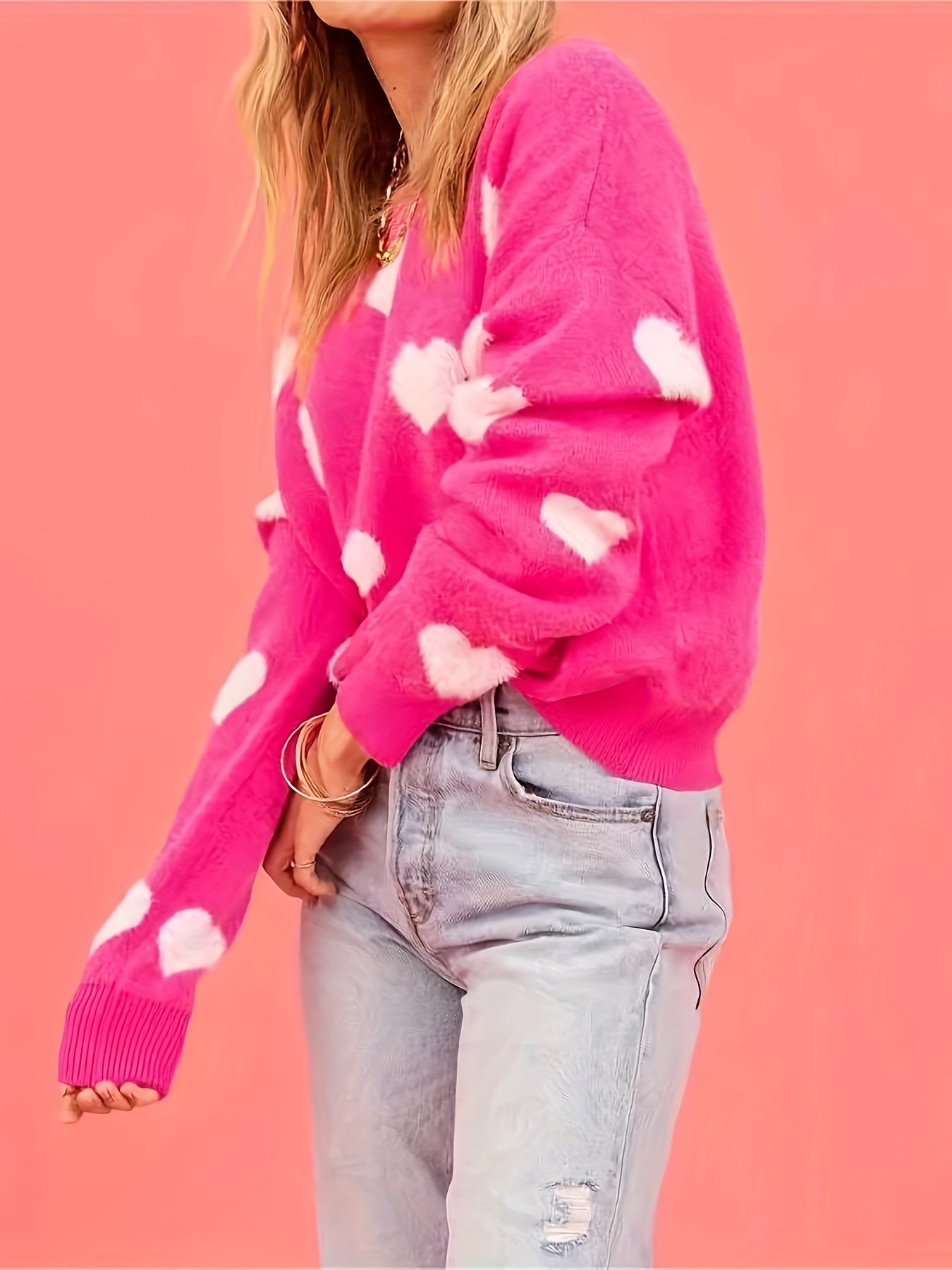 Heart Pattern Crew Neck Sweater, Casual Long Sleeve Sweater For Fall & Winter, Women's Clothing