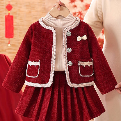 Girls' Elegant Red & Ruffled Skirt Set - Long Sleeve, Button-Up, Non-Stretch Fabric, Loose Fit, Perfect for Fall/Winter, Casual Style, Casual Attire, |elegant Girls' Set|buttonup Skirt Set, For Outdoor