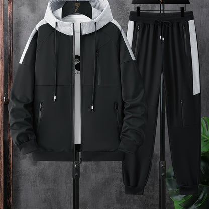 1set Men'S Sports Hooded Jacket and Joggers Set, Polyester Knit Fabric with Slight Stretch, Patchwork Design, Regular Fit, Spring/Fall Season, with Pockets