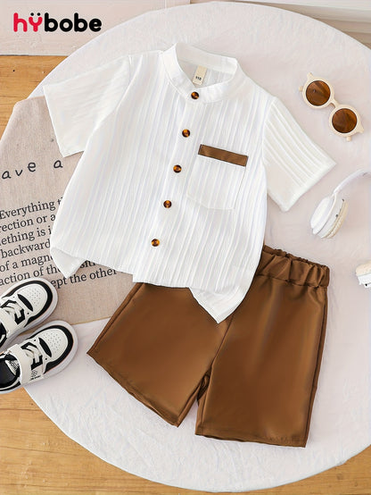 Boys' Summer Casual Shirt & Woven Shorts Set - Lightweight Polyester