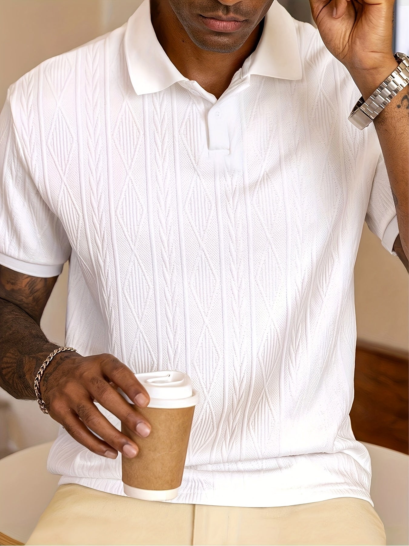 Men'S New Solid Color Top, Jacquard Design, Soft Fabric, Outdoor Casual Business Breathable Polo Shirt Golf Shirt, Suitable for Vacation and Business Occasions, Essential for Daily Leisure - ayq
